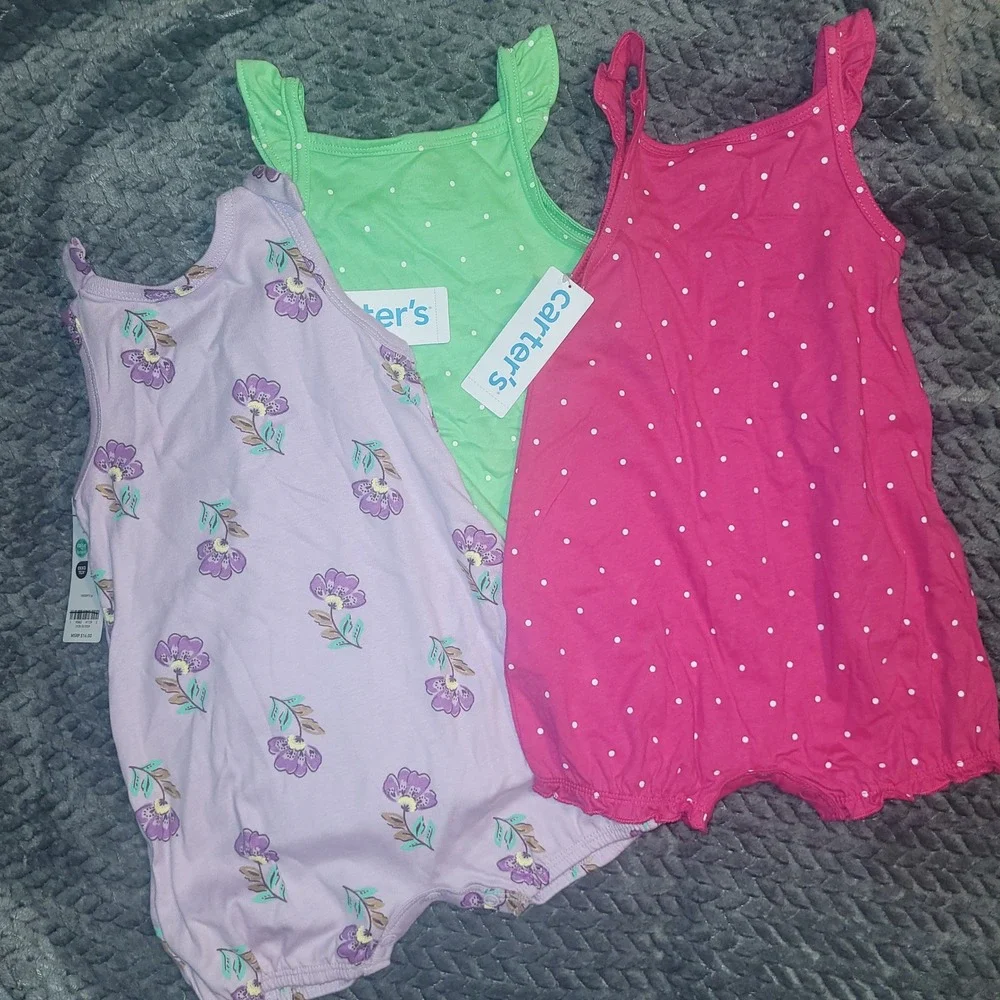 Carters Baby Girl 12M Romper Bundle 3 Pack Pink Green Purple Floral Seahorse NEW